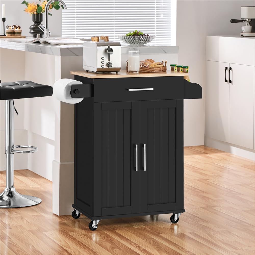 Yaheetech Carrello da Cucina con Ruote Cassetto a 2 Ante Piano di Lavoro Carrellino Salvaspazio con Portasciugamani e Portaspezie Moderno Porta Microonde 91,5 x 66 x 45,5 cm Nero