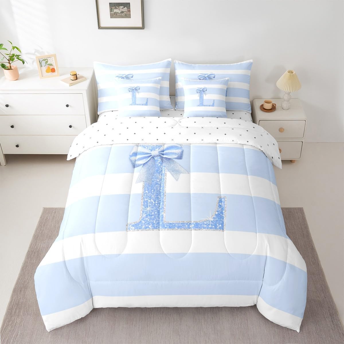 Erosebridal Initial Letter L Comforter Sets 7 Piece for Kids Kawaii Bowknot Queen Sheet Set Modern Blue Stripes Bedding Set for Girls Women Teens Cute Sequins Bow Bed in A Bag