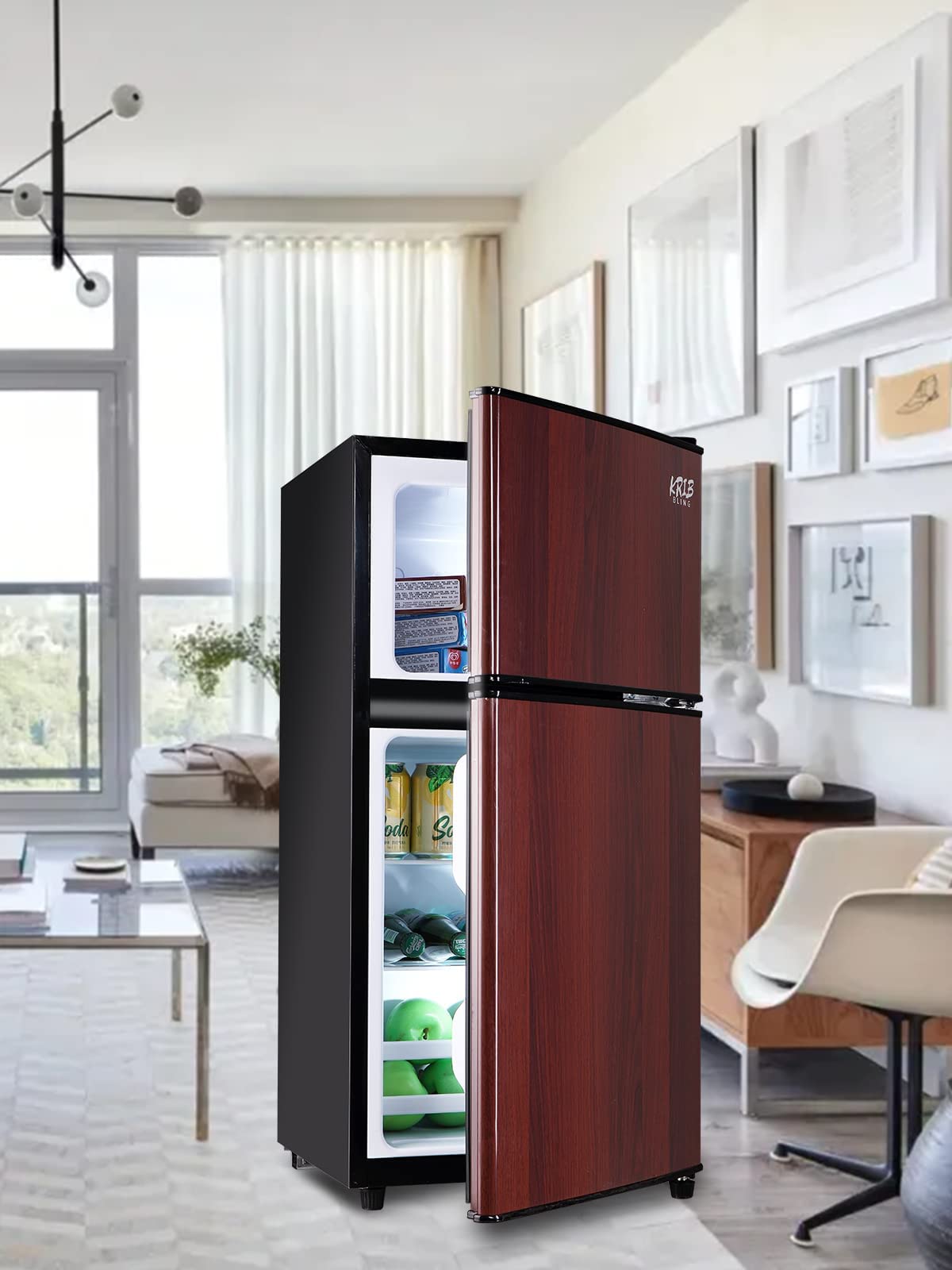 Krib Bling 3.5 Cu.Ft Refrigerator 2 Door 7 Level Adjustable Thermostat Control Lock Fresh Energy Saving Top-Freezer Refrigerator Wood on Fridge.com - View 3