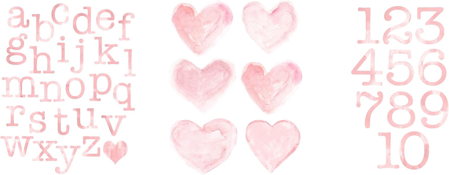Blush Pink Nursery Prints for Girl, Romantic ABC 123 Art, Set of 3 Prints with Hearts, Unframed