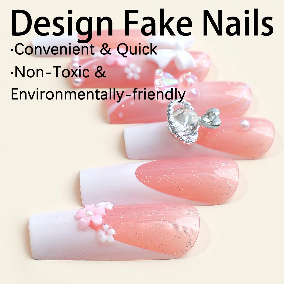 Uñas postizas a presión con dije de flor, uñas largas cuadradas de punta francesa, uñas postizas de cobertura completa con lazo, corazón, perla,