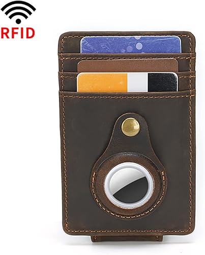 IronClad Famly - Cartera de piel vacuna con bloqueo RFID con inserto AirTag y clip para dinero Vaca Marrón Oscuro Cartera de cuero vacuno con
