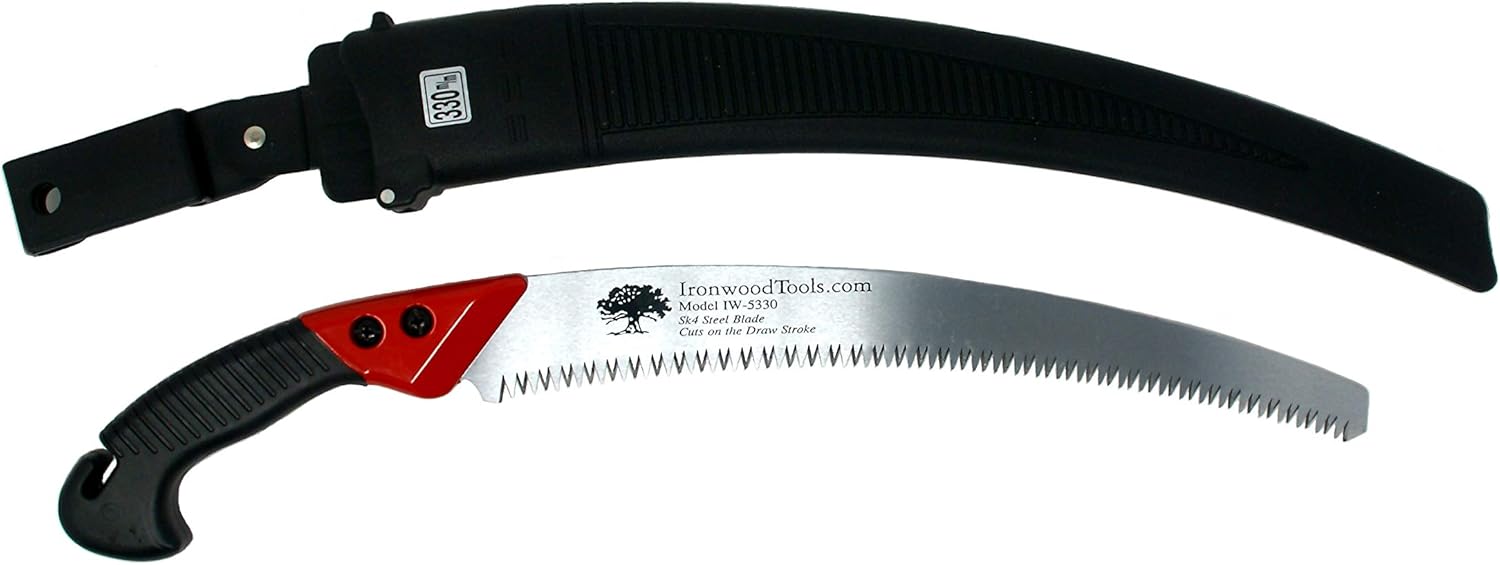 Ironwood IW5330 Pistol grip saw with scabbard, Tri-Edged hollow ground tooth design, impulse hardened teeth, 13 in blade, blade is replaceable