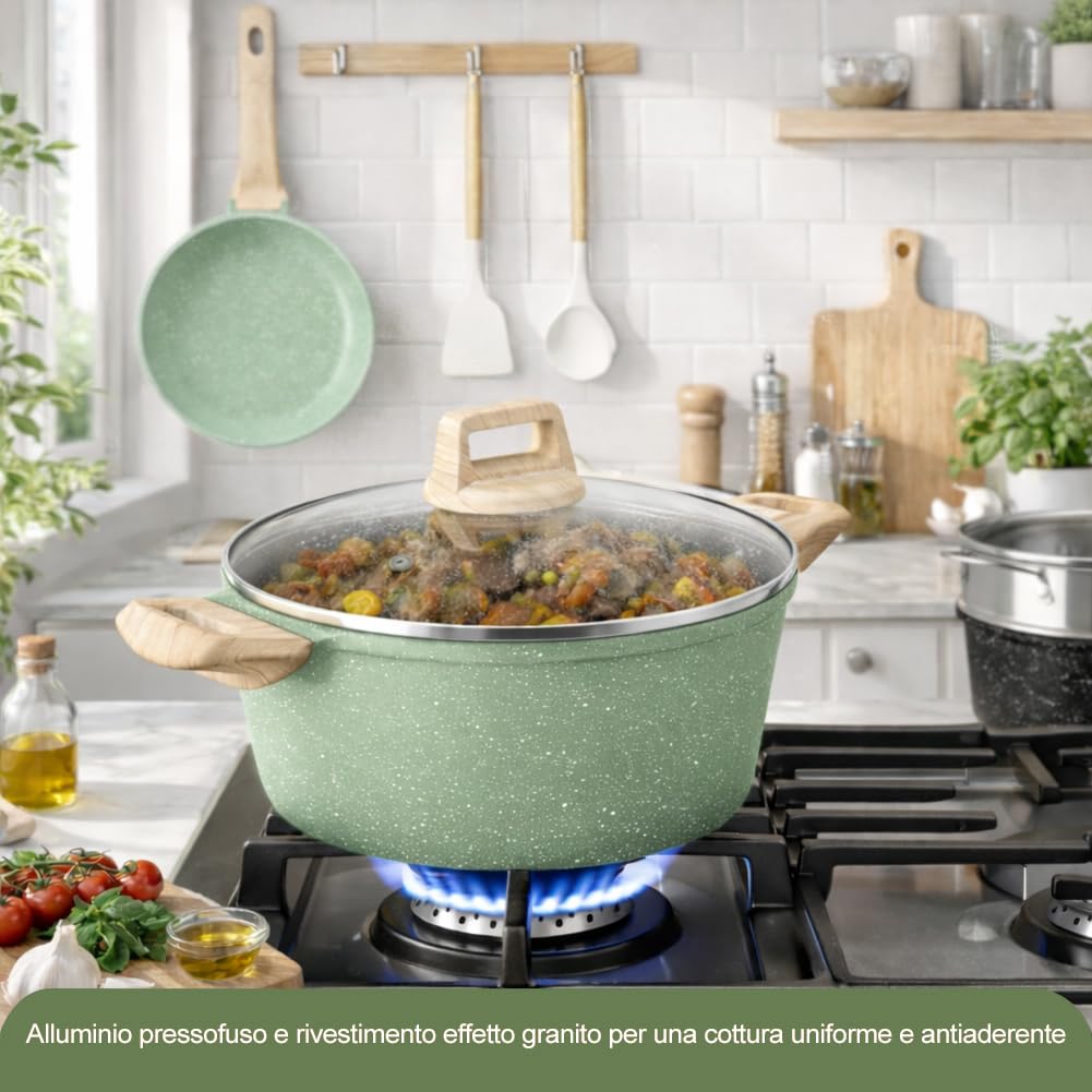 BAKAJI Batteria di Pentole e Padelle 15 Pezzi a Induzione e Gas, Set Adatto a Tutti i Piani Cottura, Antiaderente in Alluminio Pressofuso ed Effetto in Granito con Coperchio e Accessori (Verde)