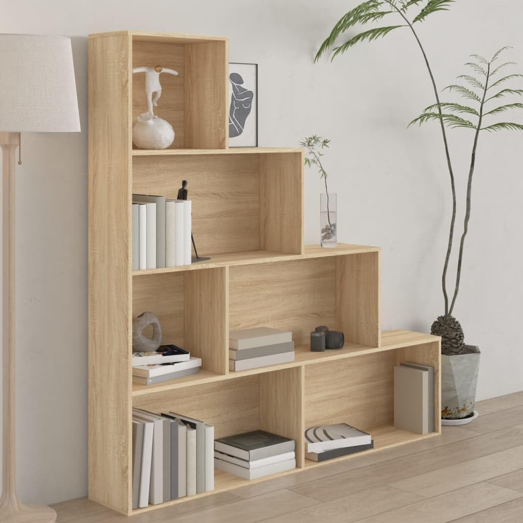 The vidaXL Book Cabinet in a living space, filled with books and decorative items, next to a floor lamp and a plant.