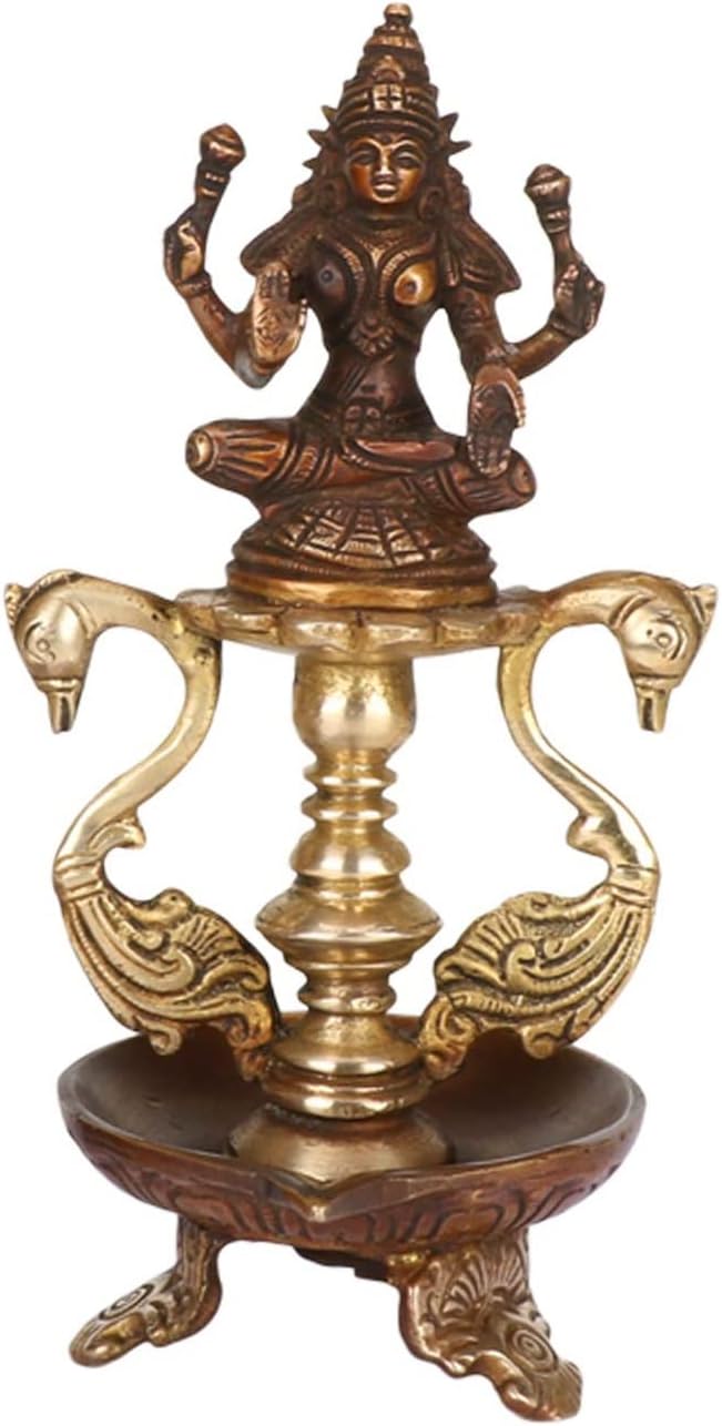 Kartique Brass Laxmi Diya Oil Lamp Diya Deepam for Temple Aarti Deepak Pooja Jyot Gold Color Height 8 Inch