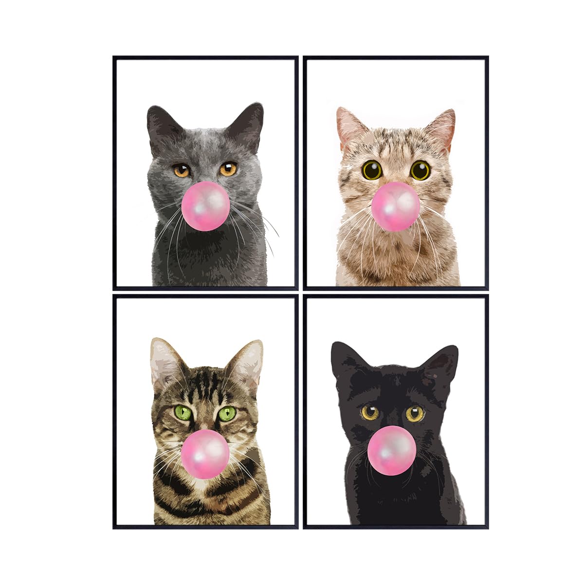 Cat Lover Wall Art 11x14 - Cute Cat Gifts for Women - Tabby, Gray, Black Pet Decorations - Kitty Bubble Gum Decor for Kids Bedroom, Nursery, Living Room, Girls Room - Kitten Gifts Poster Set