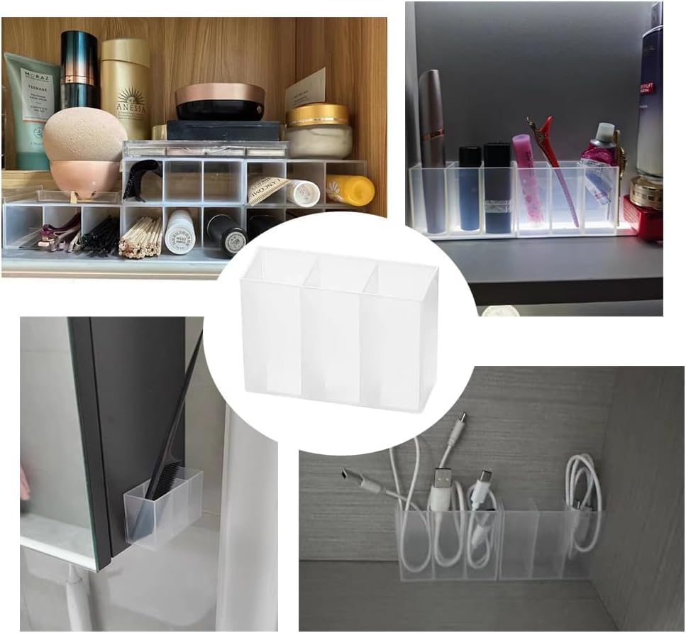 Image of Mini Wall Mount Storage Box, 6 Compartment Transparent Plastic Makeup Brush Lipstick Holder Self-Adhesive Pen Holder Makeup Organizer for Home Office..