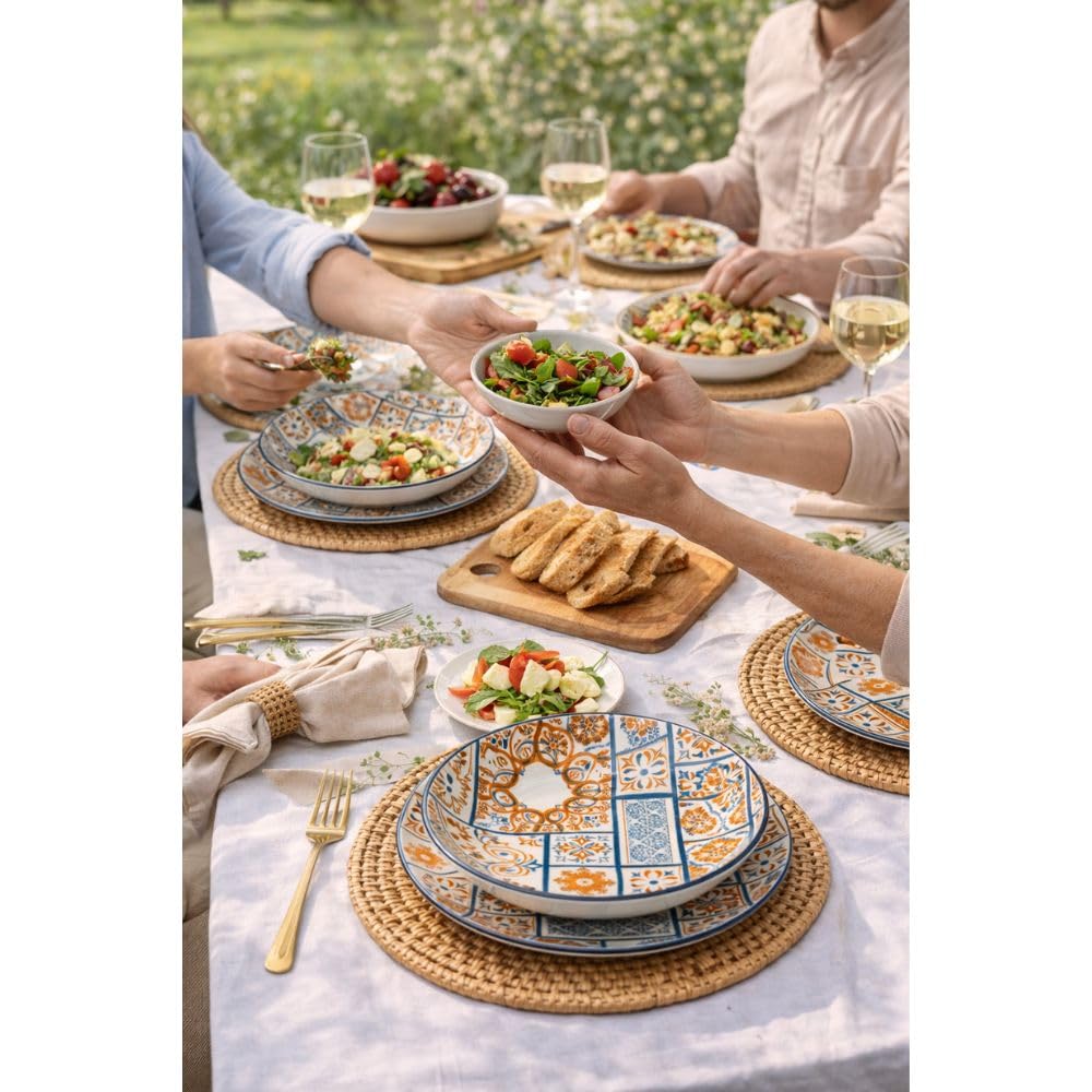 Servizio Piatti 12 Pezzi in Ceramica – Linea Maiolica Azzurra e Arancio –– Set Tavola Elegante e Resistente