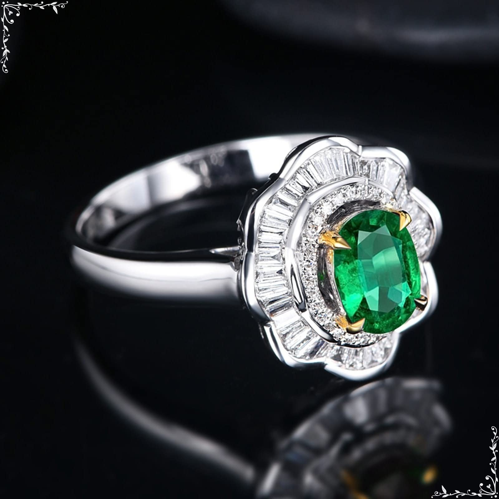 18K Oro Blanco 750 Anillo Pareja, 1.6 Quilates Esmeralda Anillos Mujer Finos Plata, Flor Anillos Compromiso Mujer Joyas de Boda Talla 6,75-25