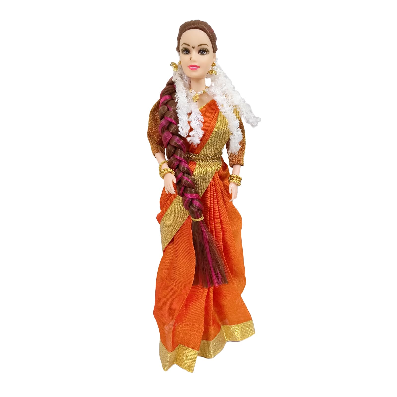 Maalona | Geetha |South Indian Doll in Saree with Flower Garland,Nose pin & Bangles | Fully Foldable | Long Hair | Hand-Stitched Saree | Pretend Play Doll (11.3 Inch, Orange & Gold) (B0D87VK6MF) Amazon Price History, Amazon Price Tracker
