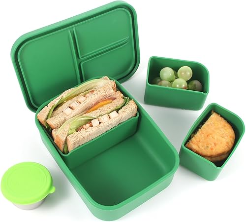 Miniatura 8 de LayaVilla Lonchera de silicona, caja Bento rosa con 3 compartimentos extraíbles para niños y adultos, a prueba de fugas con un recipiente para