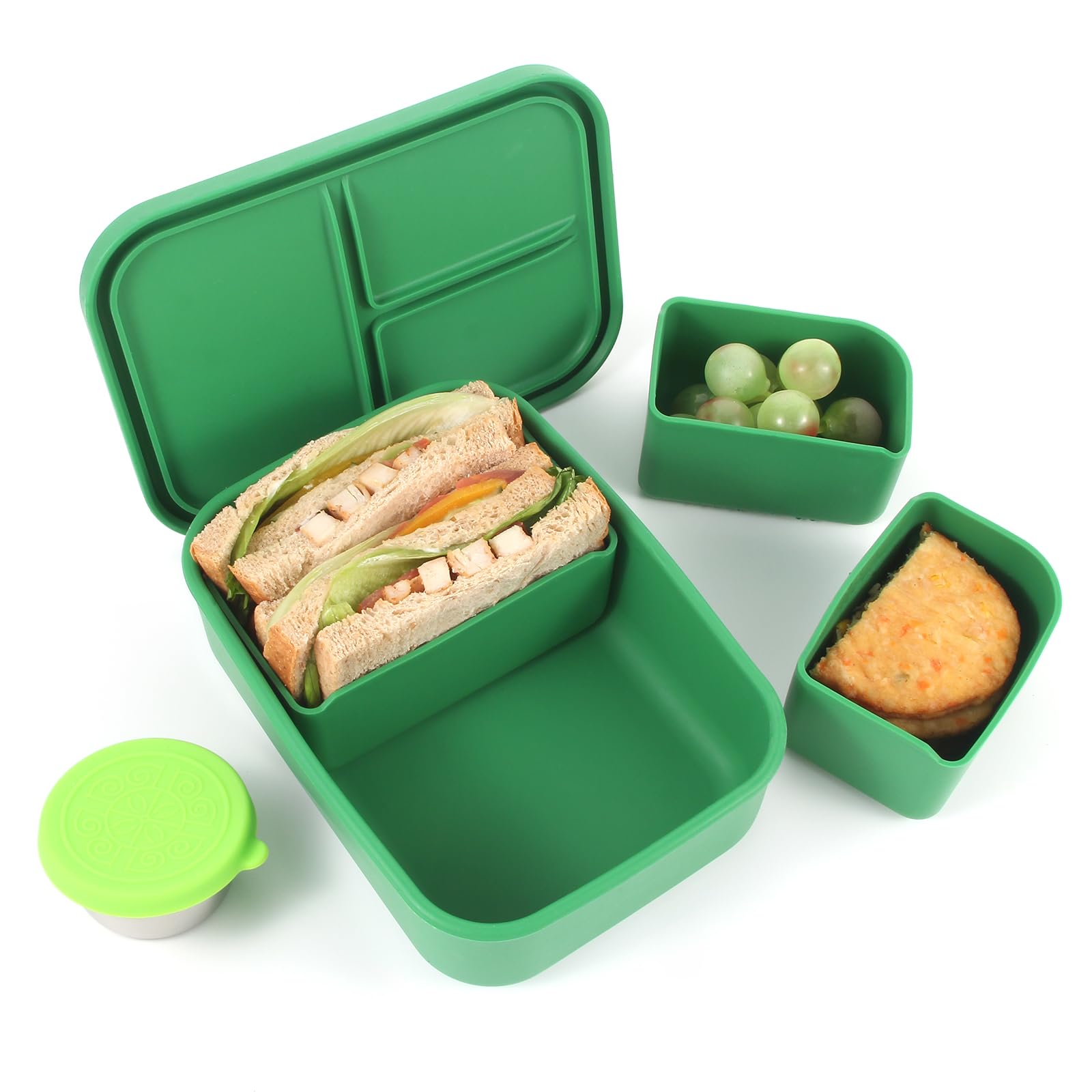 LayaVilla Silicone Bento Lunch Box, 27oz?800ml Green Bento Box with 3 Removerable Compartments for Adults, Leak-Proof with a Dressing Container,Microwave, Dishwasher safe (Green)
