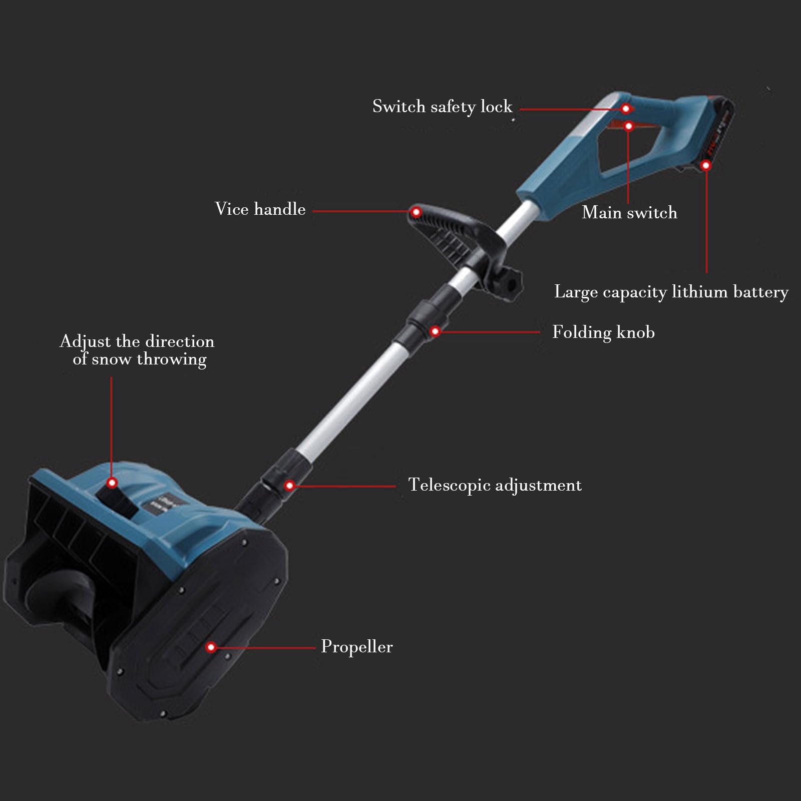 Pala de nieve eléctrica inalámbrica plegable, empujador de nieve de mano con varilla telescópica y para limpiar cubiertas, patios, aceras y escalones
