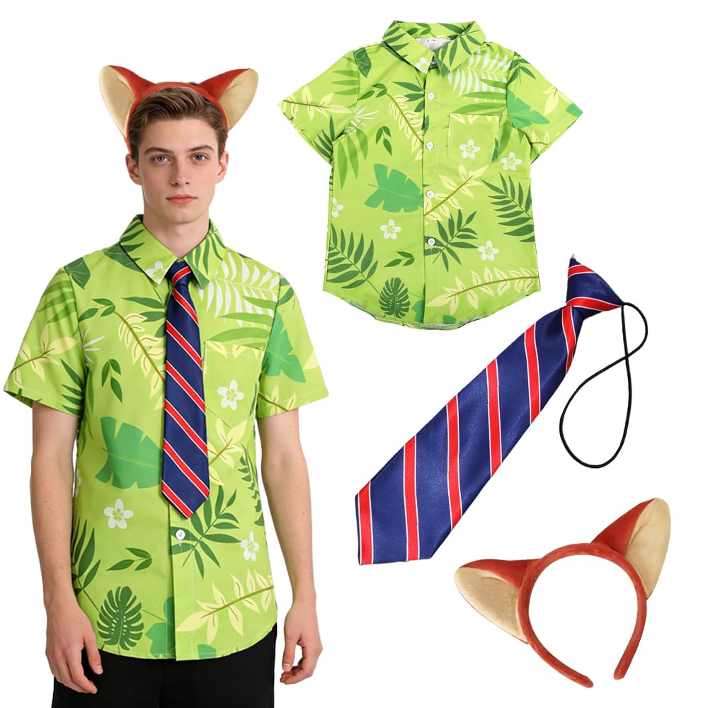 Camisa Hawaiana Estampada de Nick Cosplay,Diadema con Orejas de Zorro y Corbata a Rayas,Disfraz para Adulto,Disfraz de Zorro para Halloween,Navidad,Carnava