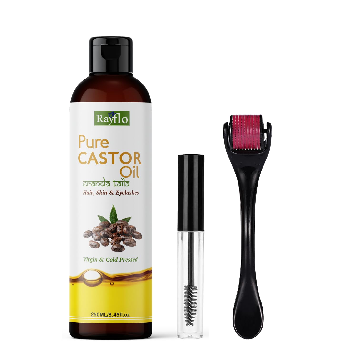Rayflo Cold Pressed Castor Oil 250ml, Pure & Hexane-Free Organic Oil for Hair Growth, Eyelash & Eyebrows Care, Skin Moisturizer, Nail & Cuticle Oil Comes With Derma Roller & Mascara Applicator