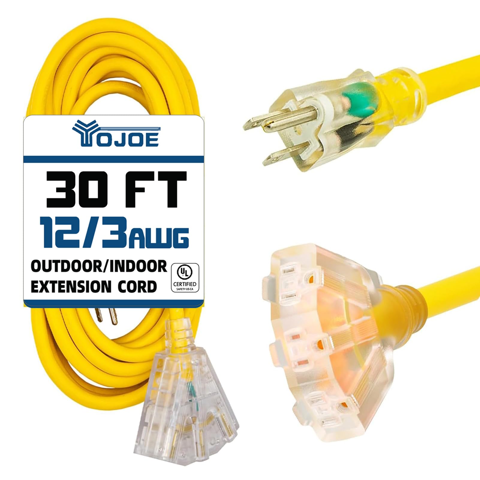 YOJOE 3-Outlets Indoor Outdoor Extension Cord with Lighted End, 3 Prong 15A Weatherproof Power Cord, 12 Gauge Heavy Duty 30 ft Yellow Extension Cord