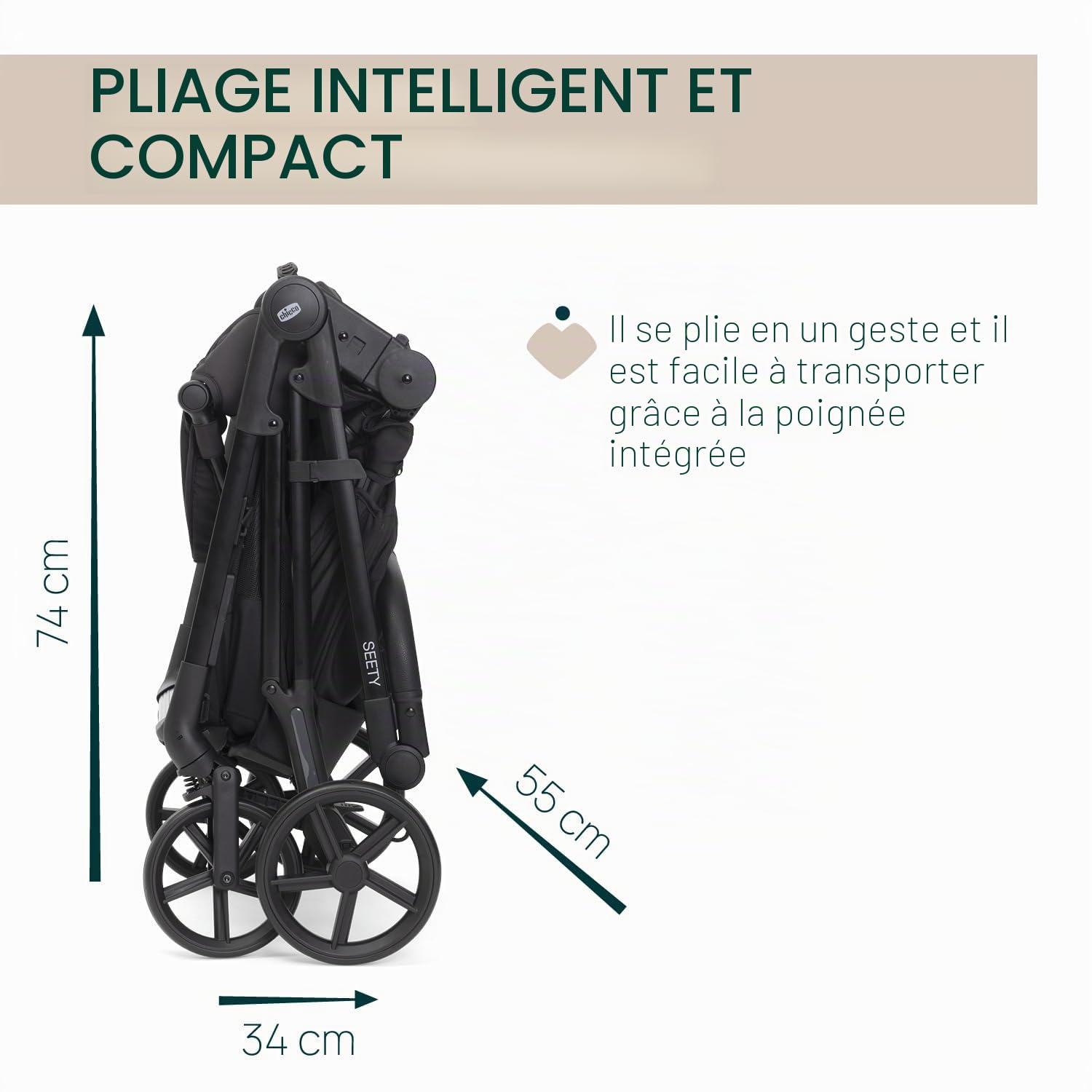Chicco Poussette Seety, Poussette Légère et Compacte de 0 Mois à 4 Ans, Charge Max 22kg, Poussette Pliable, Dossier Inclinable, Fermeture Automatique en 1 Geste, Canopy Pare-soleil et Habillage Pluie