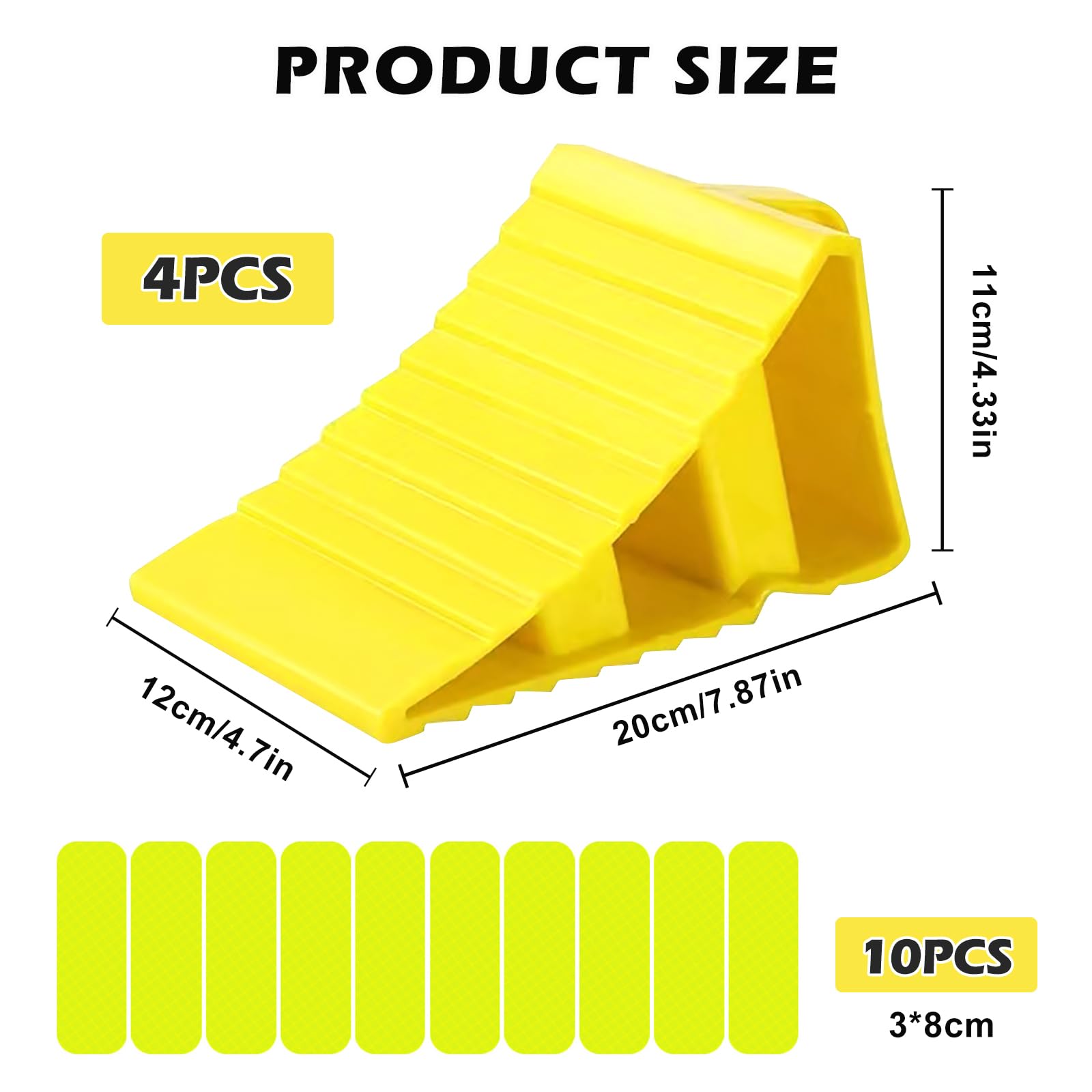 Lot de 4 cales de roue avec poignées, en plastique jaune avec 10 autocollants réfléchissants, cales de roue antidérapantes, en plastique jaune, pour voiture, caravane, camping-car, moto