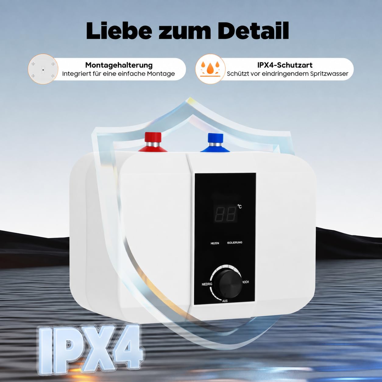 Warmwasserspeicher 6L Untertisch Boiler 1500W Kleiner Druckfester Warmwasserspeicher mit Thermostop-Funktion Untertischboiler 0-65℃ Einstellbarer Temperatur Einstellbar für Küche Bad (6L 33*23*24cm)