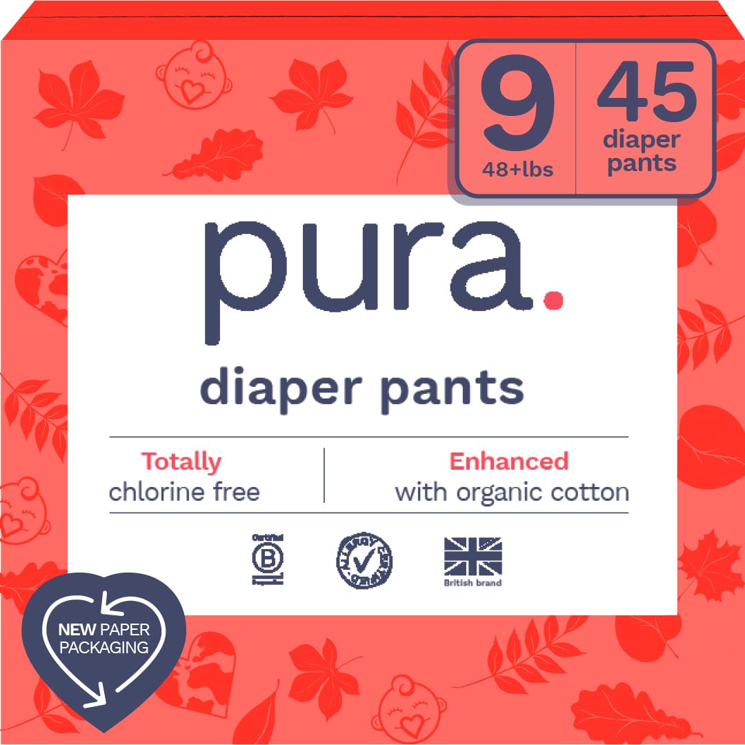 Pura Hypoallergenic Diaper Pants Size 9 (48+ lbs) Overnight, up to 12 Hours Leak Protection, Suitable for Sensitive Skin, Totally Chlorine Free, Soft Organic Cotton, 3 Packs of 15 (45 Pull Up Pants) Size 9 (45 Diaper Pants)