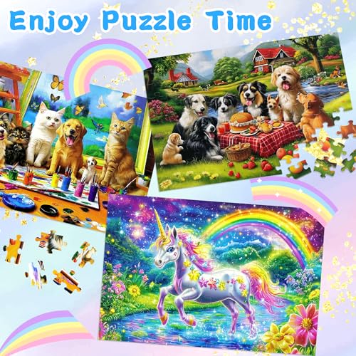 Rompecabezas de 100 piezas para niños de 4 a 8 años, paquete de 4 rompecabezas educativos con temática de animales, mundo marino, gatos, perros y unicornios miniatura 5
