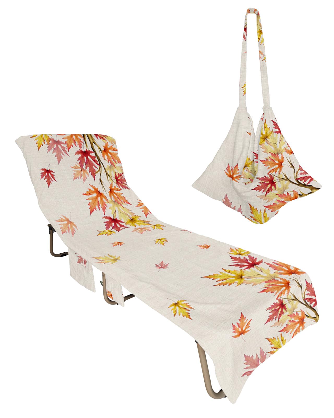 Thanksgiving Autumn Beach Chair Towel Covers for Chaise Lounge with Side Pocket, Soft Plush Pool Towels Cover for Patio Sunbathing Outdoor 29''x85'' Fall Maple Farmhouse Rustic Leaves