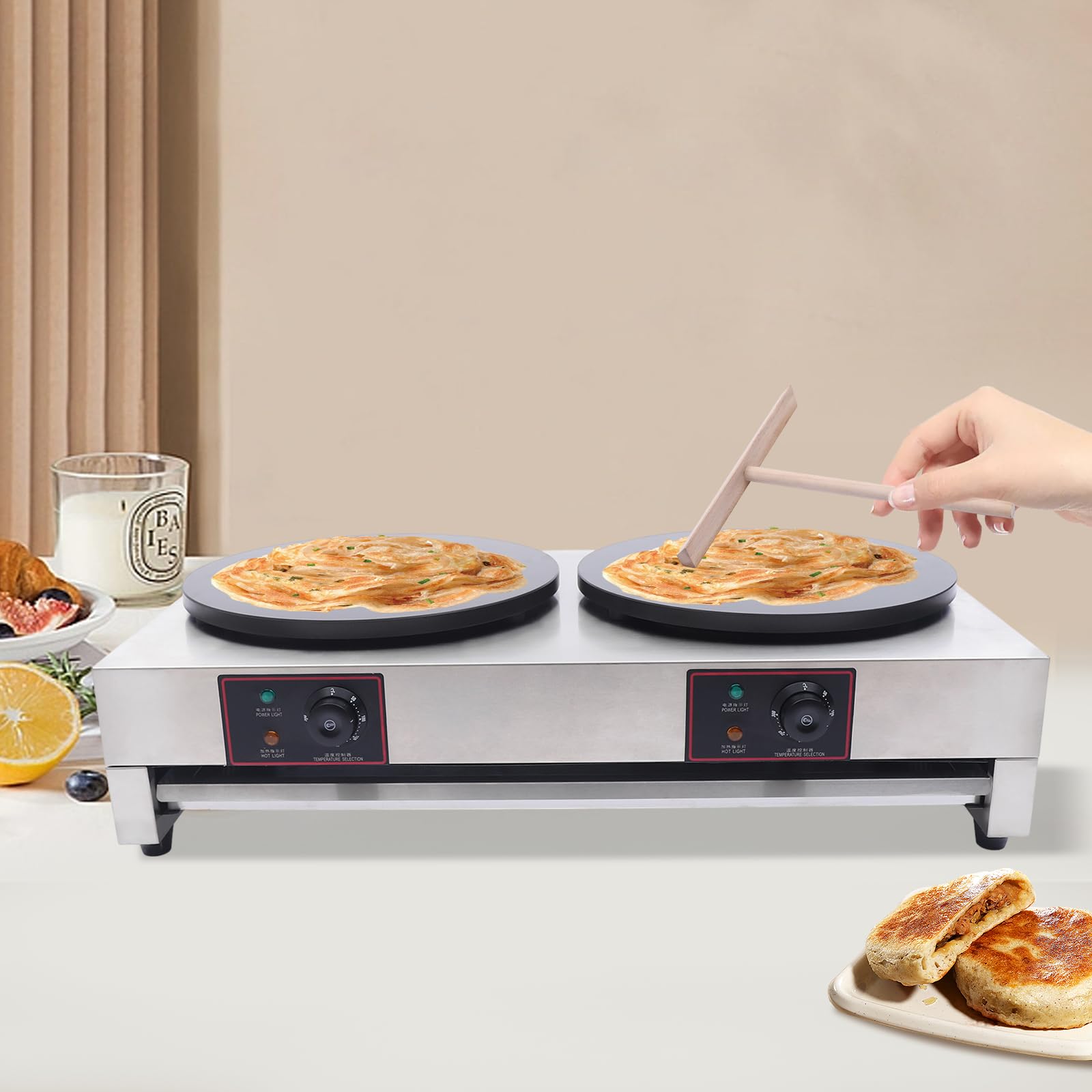 Pattosaey Electric Crepe Maker, 33.9×20×9.5 Inch Adjustable Temperature Pancake Machine, Non-Stick Double Hotplate Crepe Griddle for Blintzes Tortilla Pancakes Eggs Bacon