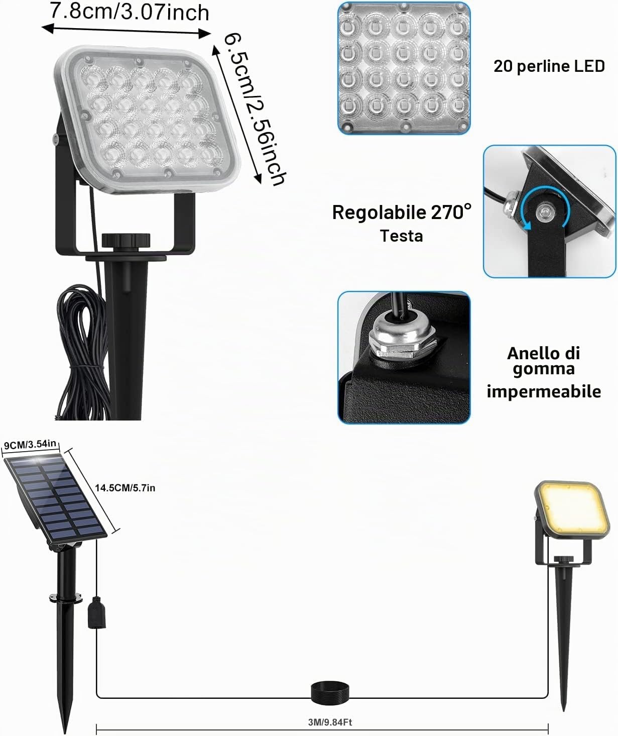 NATPOW Faretti Solari a Led da Esterno, 3000K Luci Solari da Giardino, 2 Modi, Automaticamente Acceso o Spento, Impermeabile IP65 Luci Esterne ad Energia Solare per Cortile, Patio, Alberi, 2 Pezzi