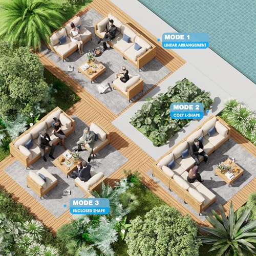 ABCASA Patio Furniture Set, 110" Large 7-Piece Wicker Outdoor Patio Furniture Sets with Coffee Table,Boho Patio Conversation Set Sectional Sofa with All-Weather Cushions for Backyard,Porch,Beige