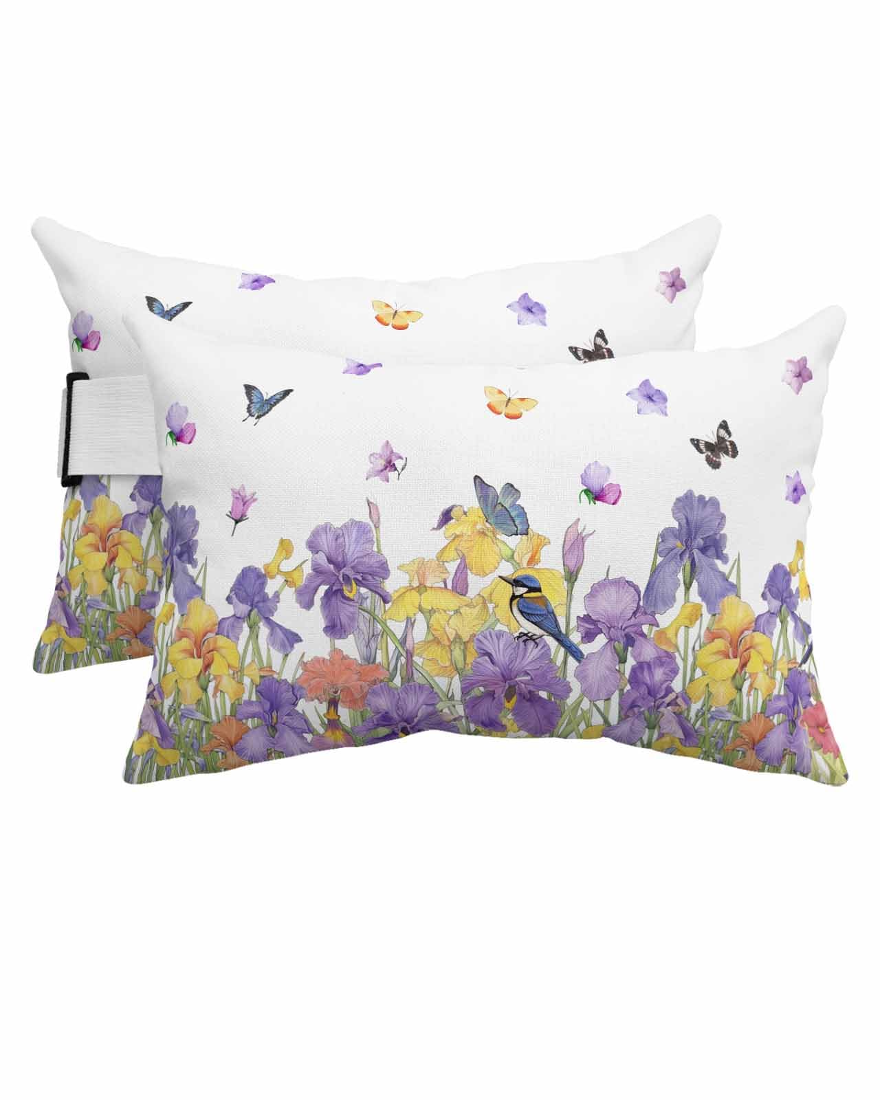 Outdoor Pillows Covers with Inserts Spring Watercolor Purple Iris with Birds White Texture Waterproof Pillow with Adjustable Strap Throw Pillows for Patio Furniture Pool Lounge Chair, 11x16 Inch, 2PCS