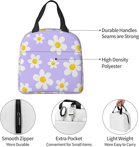 Miniatura 6 de Bolsa de almuerzo con diseño de margaritas blancas, color morado, aislante, reutilizable, contenedor portátil para comidas, para mujeres, cajas de