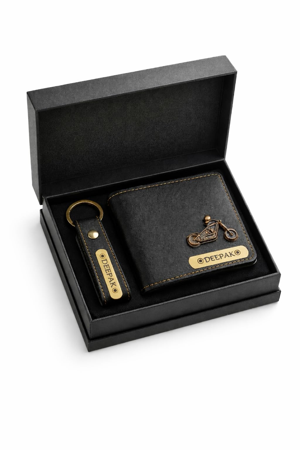 Customized Wallet & Keychain Combo for Men | Personalized Name Wallet Gift Set | Vegan Leather, Engraved Keychain | Birthday, Anniversary & Valentine Gift (Black)-image-2