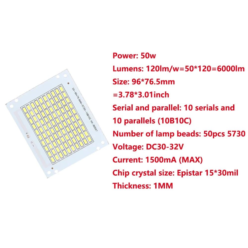 10pcs 50W Full Power LED High Brightness SMD 5730 LED Diode DC30-32V 1500mA PCB White 6000-6500K