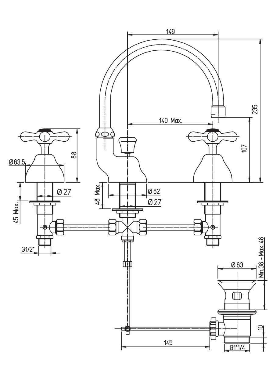 Paini - Grifería de batería para lavabos de 3 orificios con caño giratorio y desagüe automático, modelo Liberty, cód. CR214