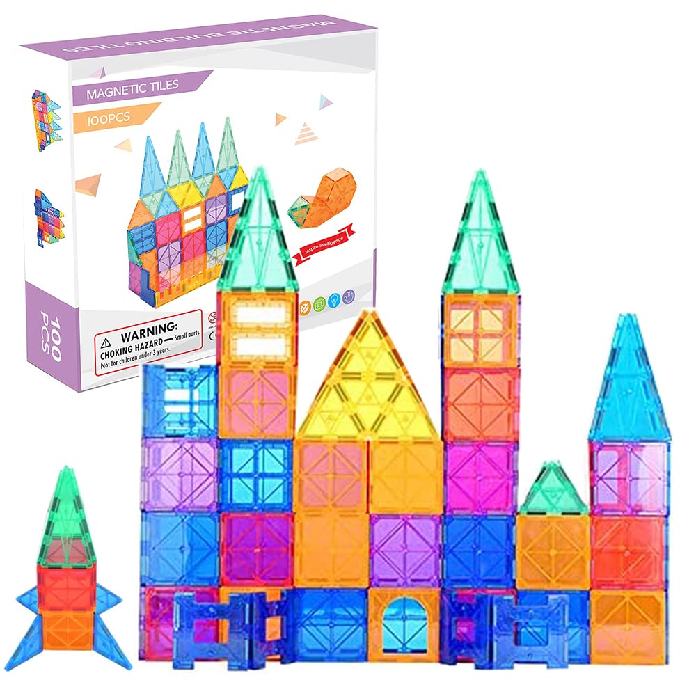 DMG Magnetic Tiles Building Blocks,Clear Magnetic 3D Building Blocks Construction Playboards,100PCS Educational Magnet Toys,Ages 3 Years + (100PCS)