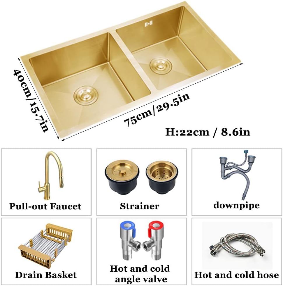 Stainless Steel Kitchen Sink s, with Pull-Out Faucet, Golden Double Bowl Bar Prep, Drop-In or Undermount Installation, Brushed Steel, Easy to Clean (Color : Gold, Size : 75x40cm)