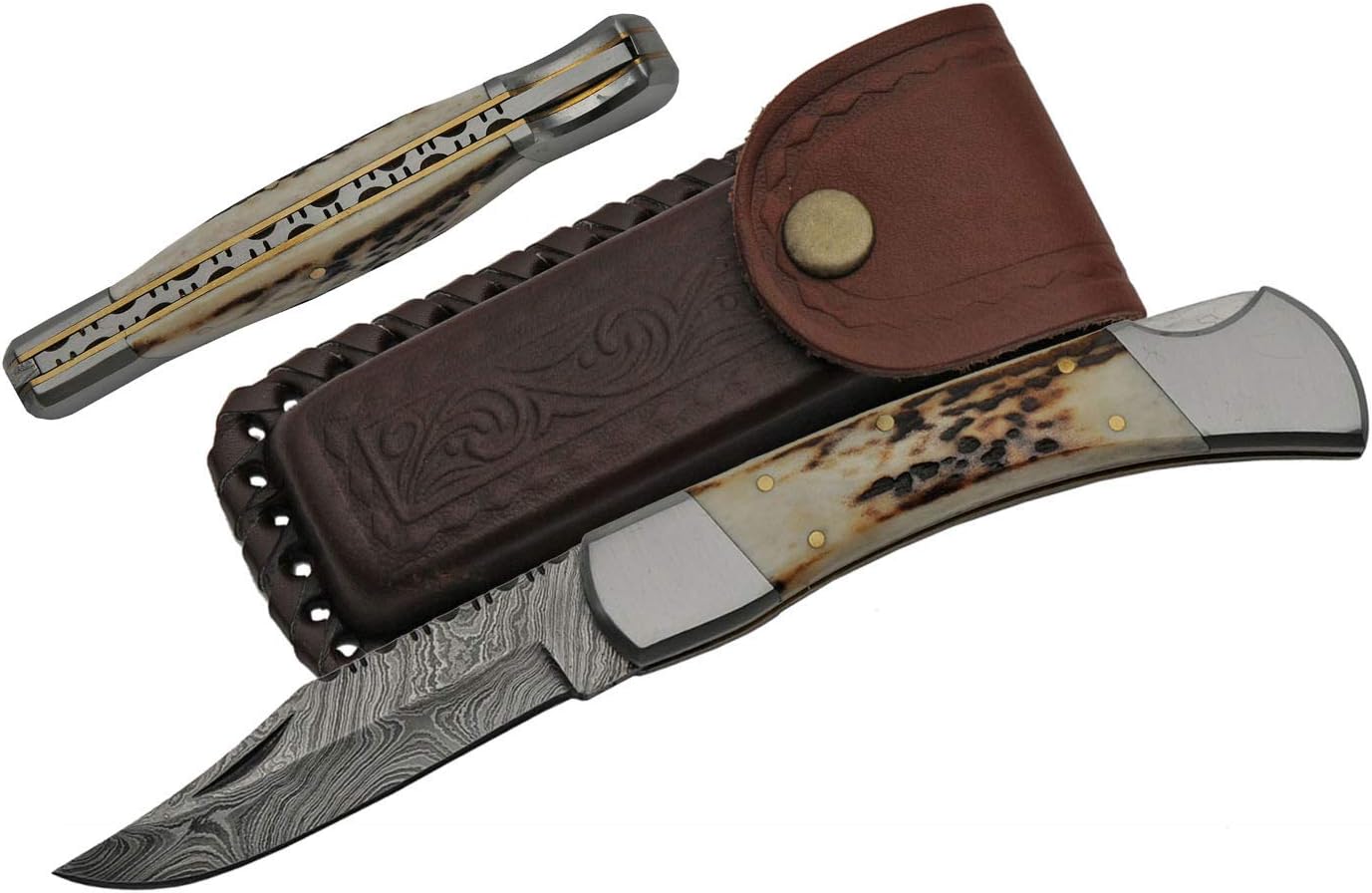 SANZ Damascus Folding Knife 5 Inch Lockback – Stag Handle Pocket Knife with Leather Sheath, Stainless Steel Bolsters, Razor Sharp Blade for Hunting, Camping, EDC, and Everyday Carry – Pocket Knife for Men & Women