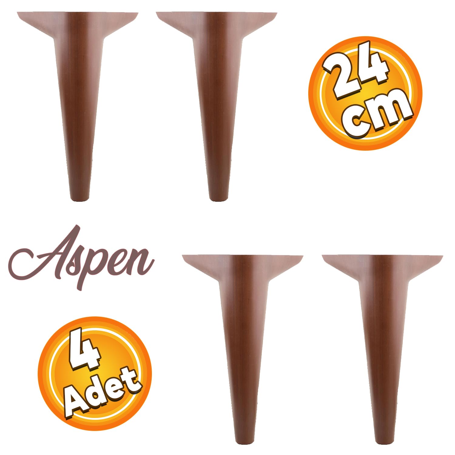 Badem10 4 Adet Aspen Lüks Mobilya Kanepe Sehpa Puf Koltuk Ayağı 24 cm Kahverengi Ahşap Desenli Baza Ayak