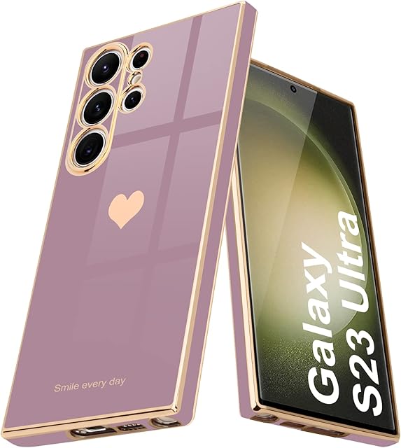 Teageo for Samsung S23 Ultra Case Cute Heart Pattern for Women Girls Slim Luxury Bling Plating Soft TPU Anti-Scratch Shockproof Bumper Phone Case for Samsung Galaxy S23 Ultra 5G, Lavender