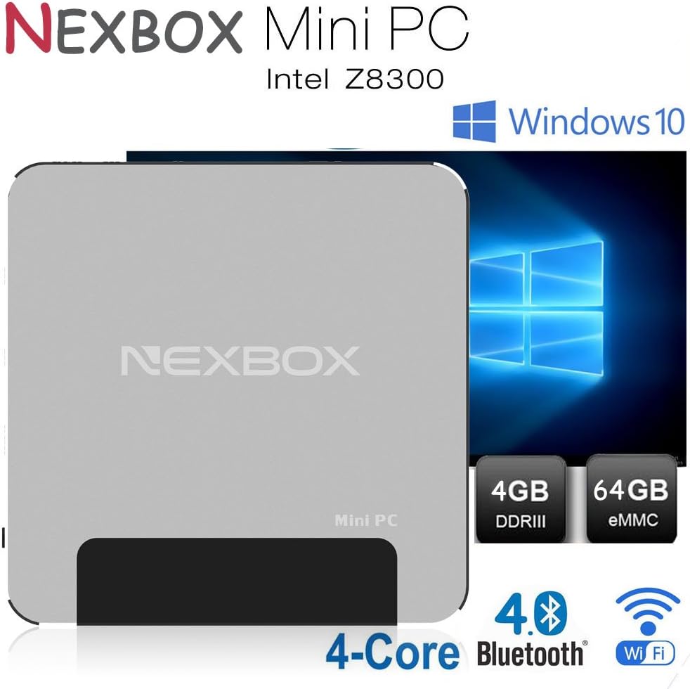 NEXBOX 4GB Ram + 64GB Rom Windows 10 Mini PC Desktop 4K with Intel Z8300 Quad-core Processor 64Bit Support WiFi 2.4G Bluetooth 4.0