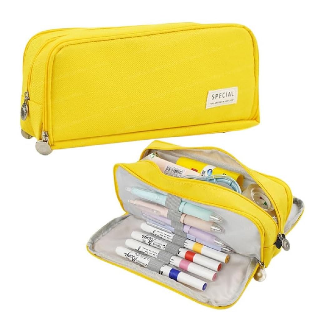 Nylon Pencil Case Large Pencil Cases for Girls Boys Big Capacity Pouch with 3 Compartments School Stationary Office Storage Makeup Bag for Kids Teenage Adults Women Men Modern-Yellow