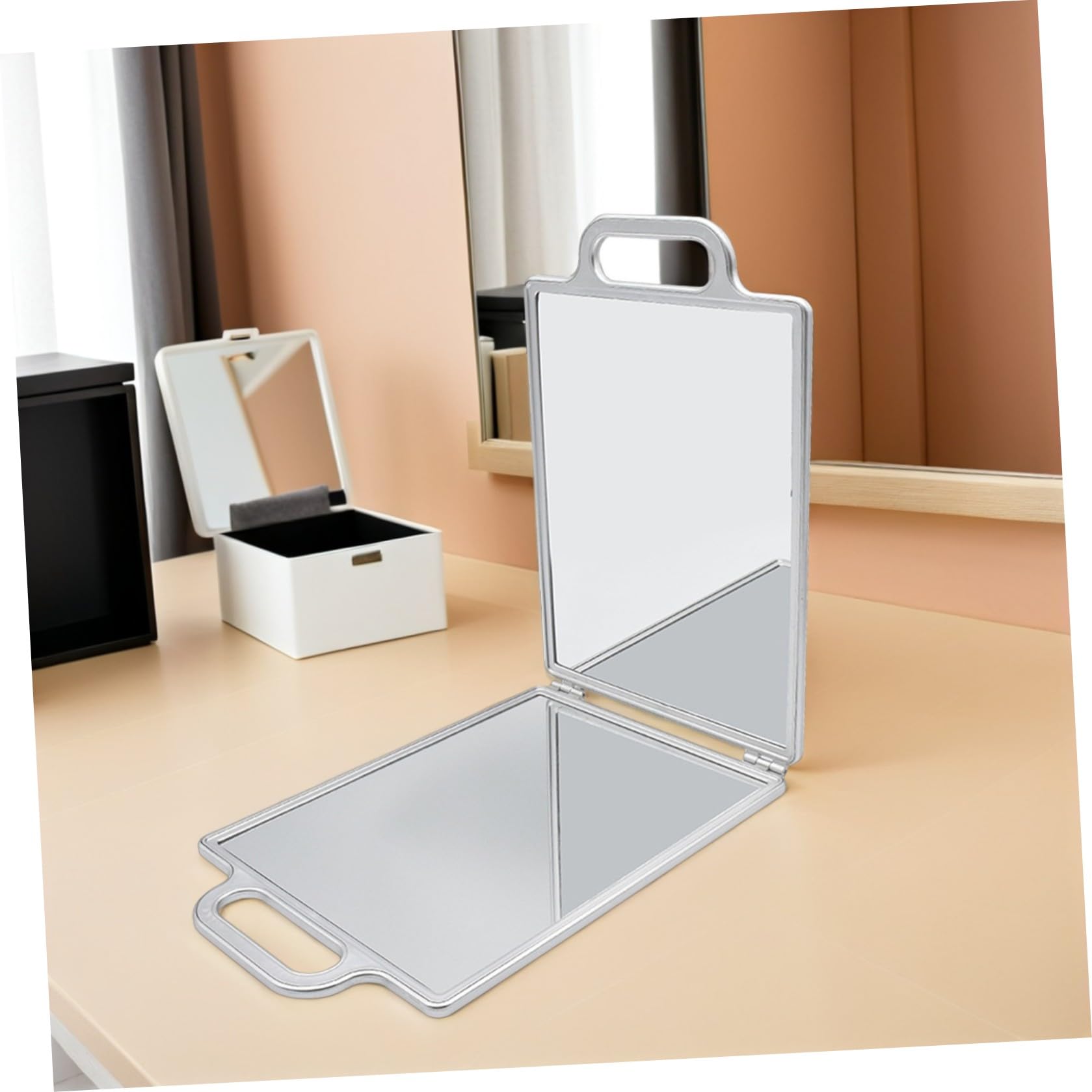 Uonlytech Specchio da Toeletta Portatile Vetro Antigraffio Doppia Faccia con Manico Doppio Argento per Taglio Chioma e Rasatura Professionale