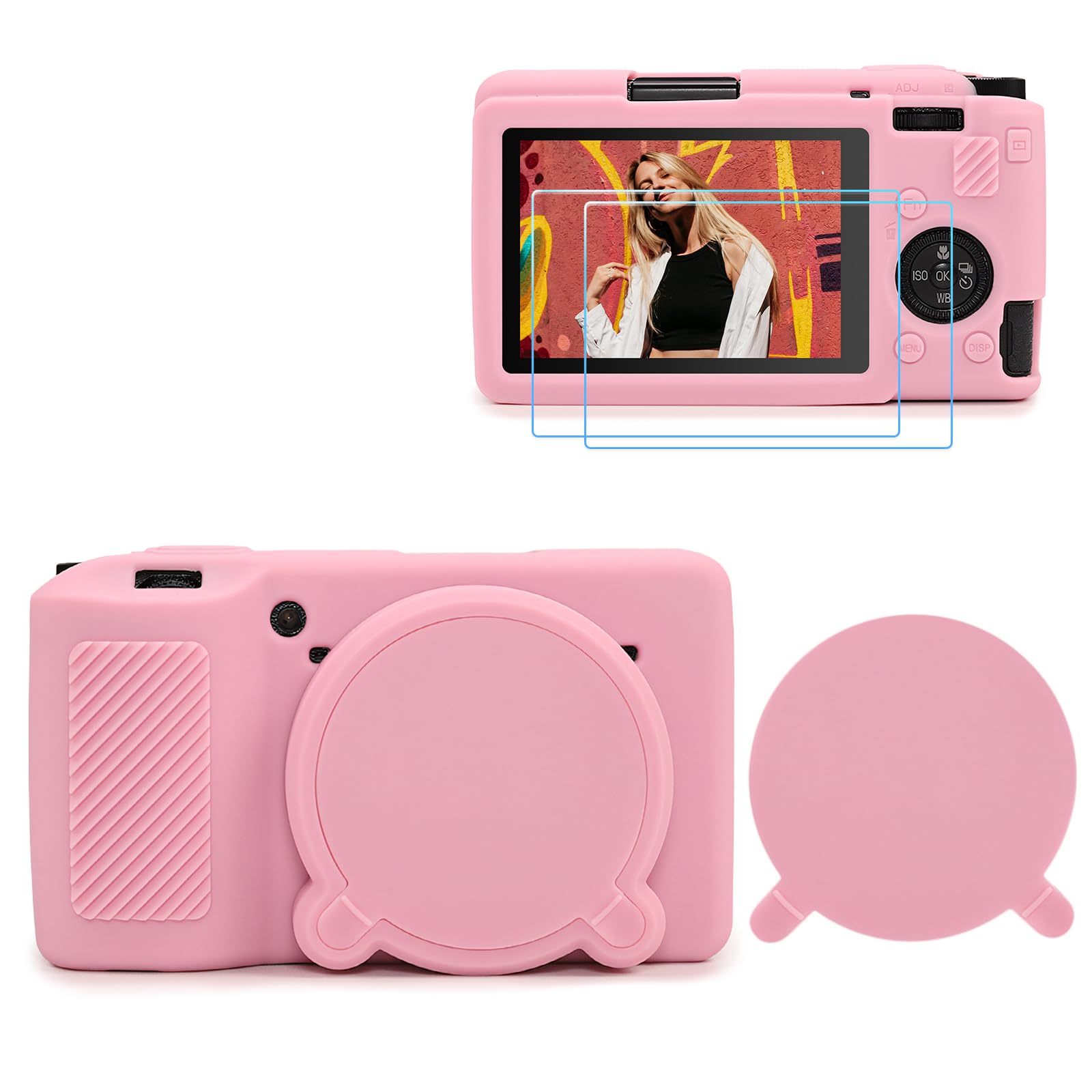 GR IIIx GR III Case & LCD Screen Protector Accessories Kit, Soft Silicone Case for Ricoh GRIII GRIIIX Camera, Protective Body Cover for GRIIIx GRIII with Lens Cap - Pink