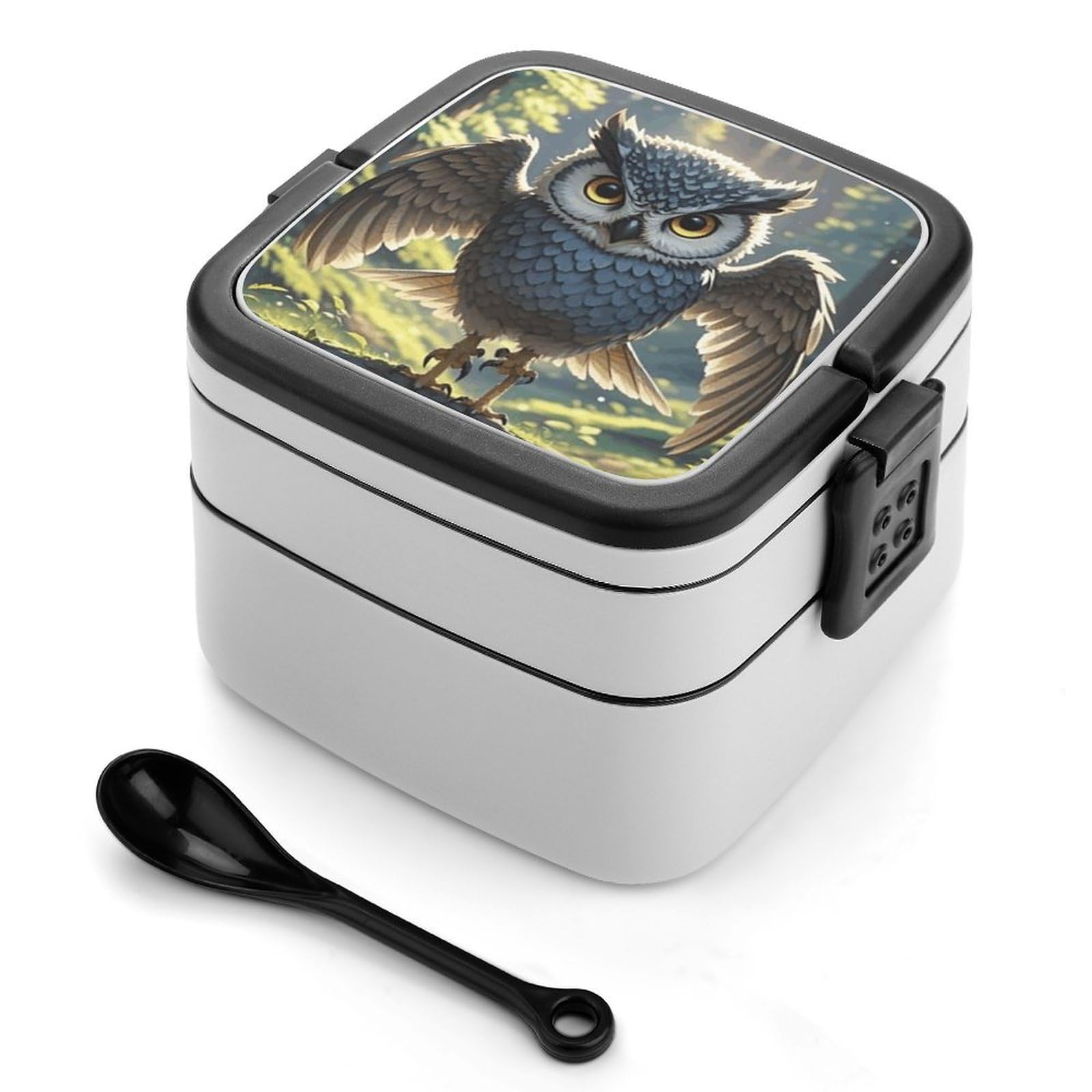 FekiLoot Anime Owl Bento Box Adult Lunch Box Sealed Bento Lunch Boxes with Spoon Sturdy Double Layer Bento Boxes Snap-on Design Leak Proof Lunch Containers Ideal for Work