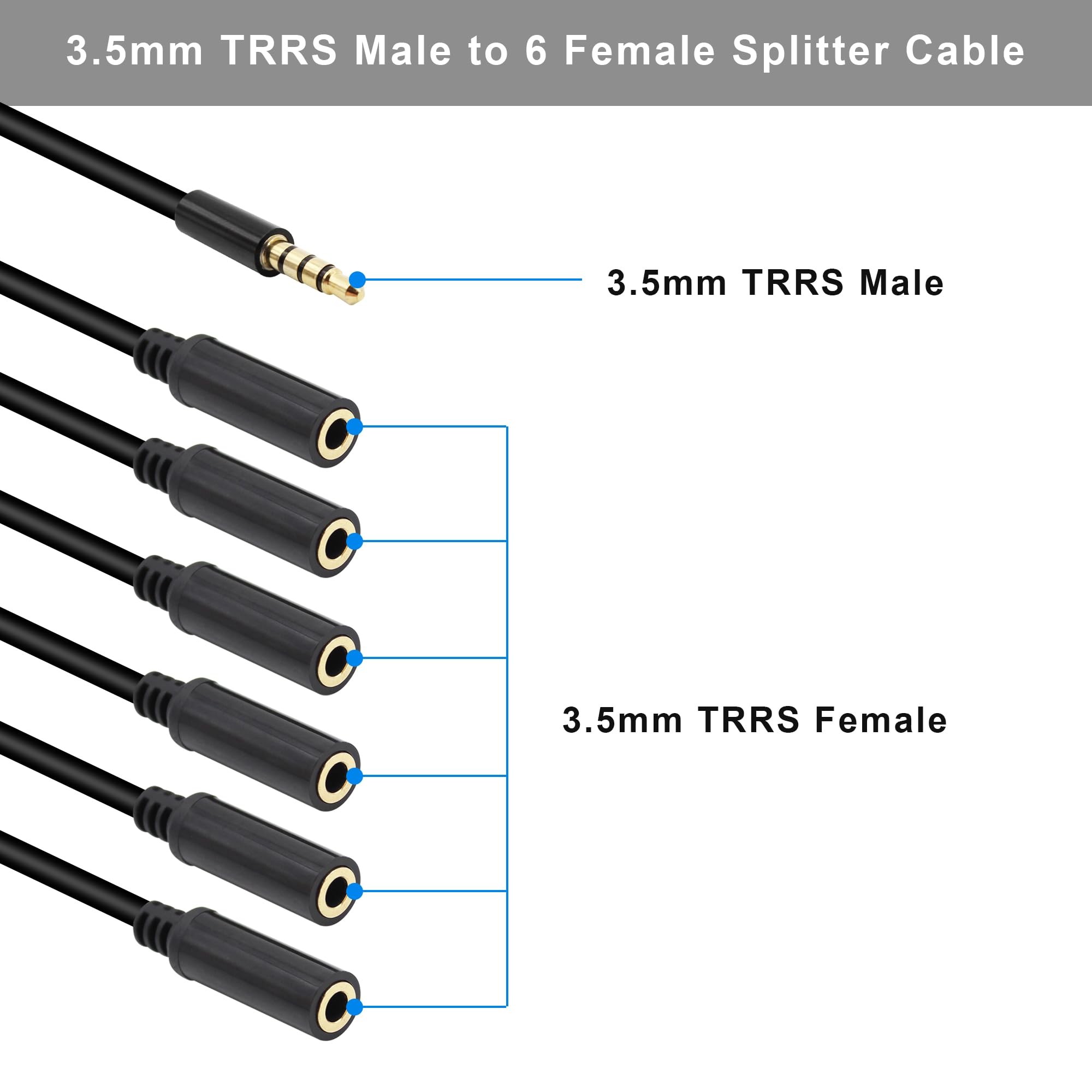 Divisor de auriculares de 3,5 mm, 1 a 6 vías, 3,5 mm, TRRS chapado en oro de 4 polos, macho a conector estéreo de 6 hembras, cable de audio para auriculares y micrófonos (50 cm)
