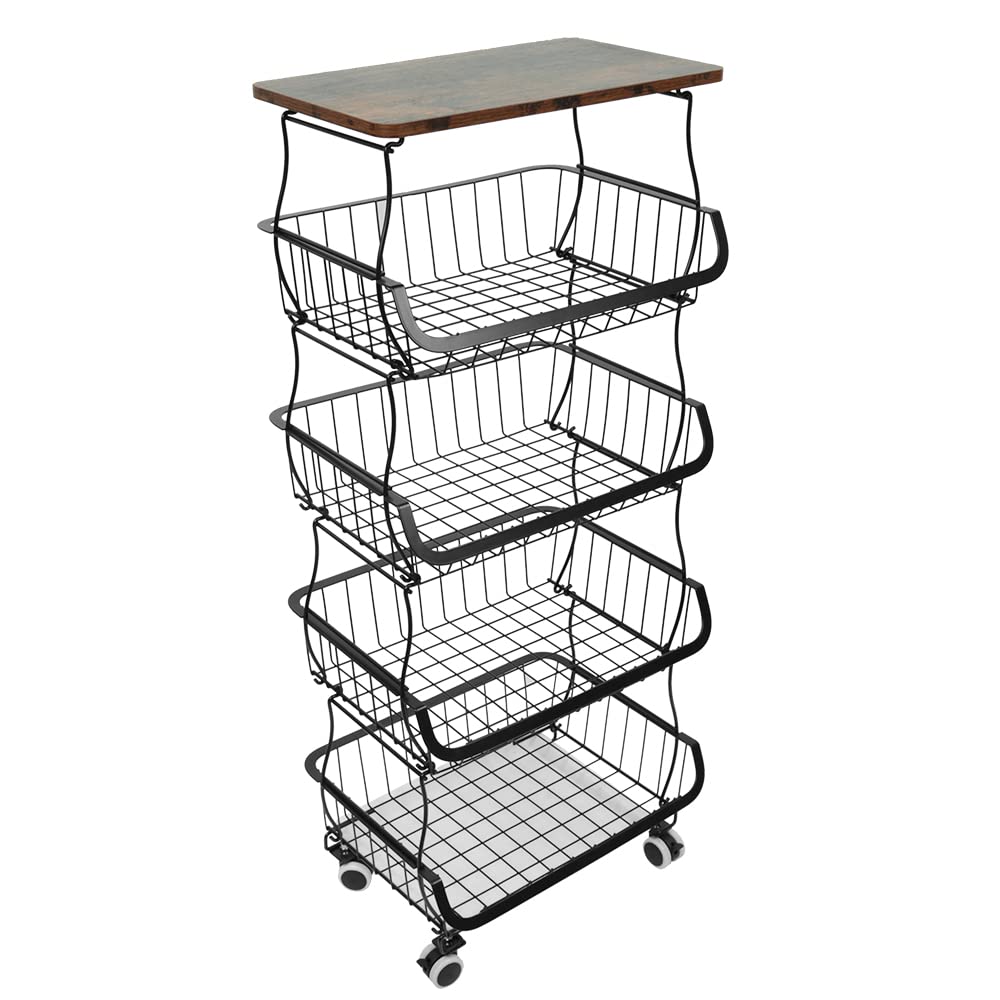 homewell 4-stufiger Gemüsekorb Obstkorb aus Kohlenstoffstahl, für Brot, Gemüse, Snacks und Obst, Platzsparendes Küchenregal mit Rollen