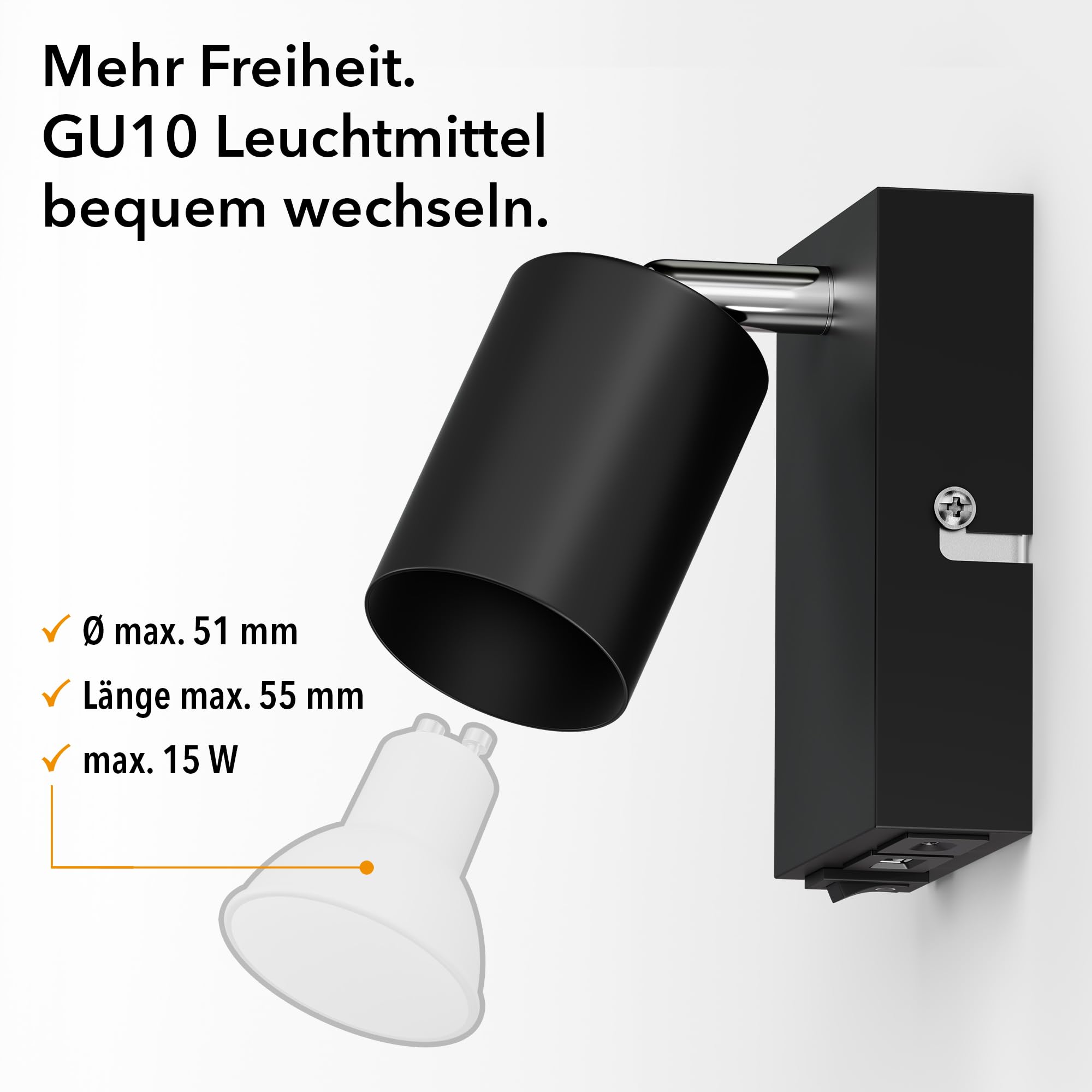 ledscom.de 2x Wandleuchte WAIKA, 1-flammig, schwarz, USB-C, USB-A, inkl. LED GU10 Lampe, 3-Stufen-Dimmer, 609lm, weiß