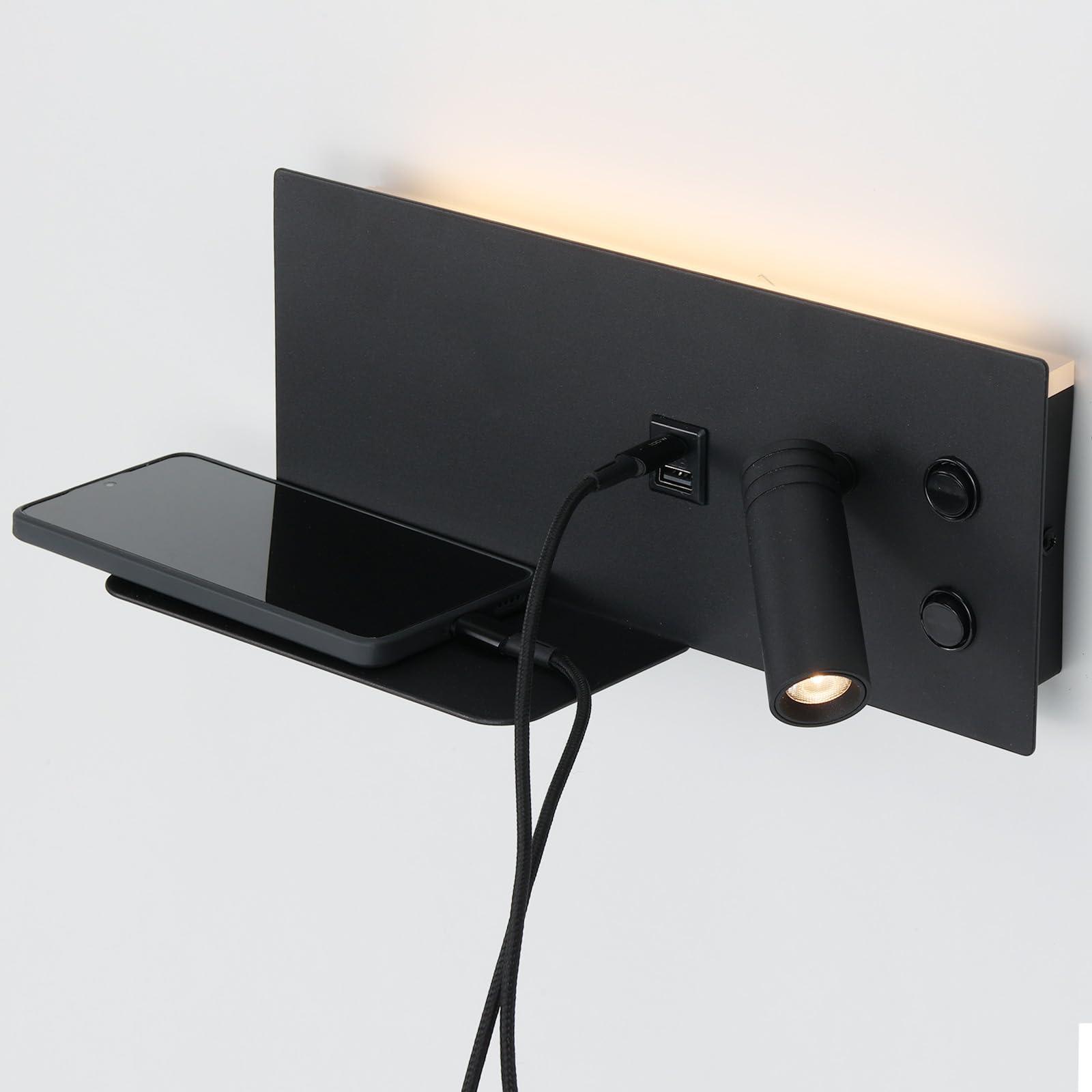 Alpinaluz Applique da Parete Moderno Nero Opaco con Faretto Destro, Luce Calda 2700K, Porta di Ricarica USB-C e USB-A, Luce Ambientale con Diffusore in Acrilico, Supporto per Cellulare e Due
