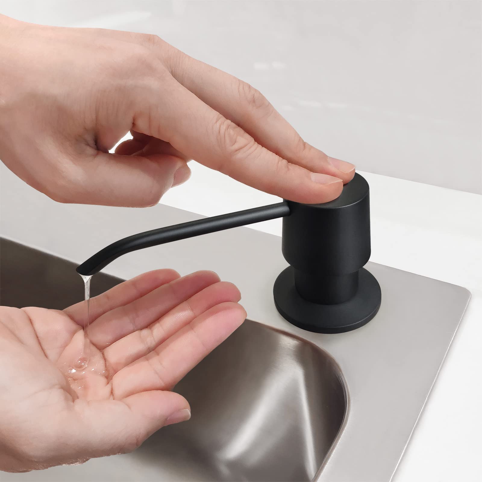 EADOT Distributeur de savon intégré en laiton à longue buse pour évier de cuisine avec bouteille en PET de 500 ml par le haut, tête de pompe en laiton de comptoir, convient aux trous de 2,5 cm à 4,6
